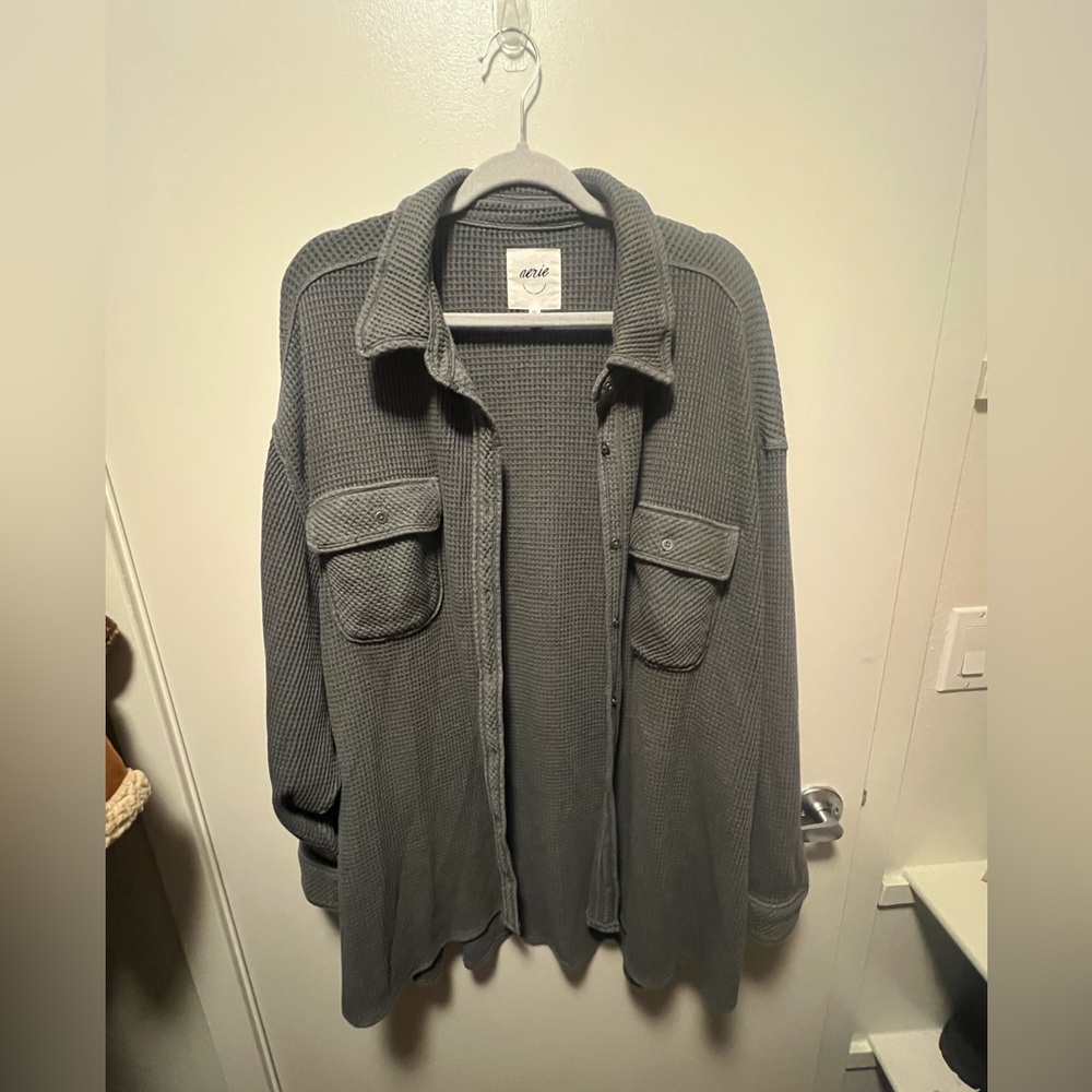 Aerie Gray Waffle Button Down Shirt XXL